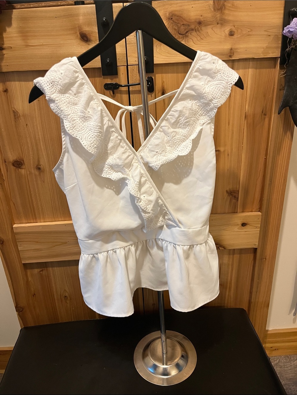 Sunburst Kiss White Eyelet Ruffle Peplum Tie-Back Blouse